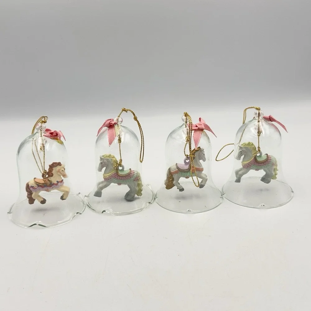 Vintage Set of 4 Clear Glass Bells with Carousel Horses Ornament Ruffled Edges‎